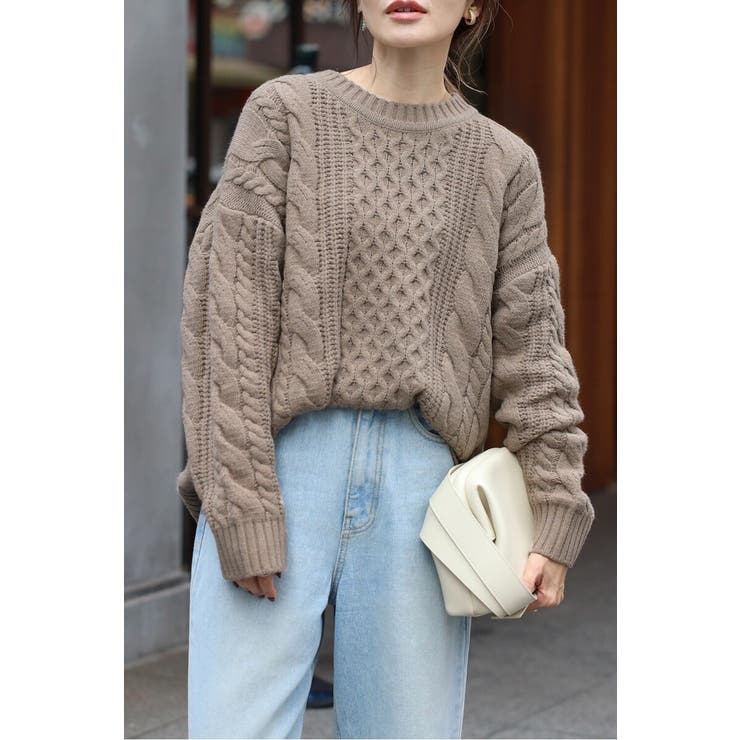 MOCHA | クルーネックミックスケーブルニット 88-004060 | BONJOUR SAGAN