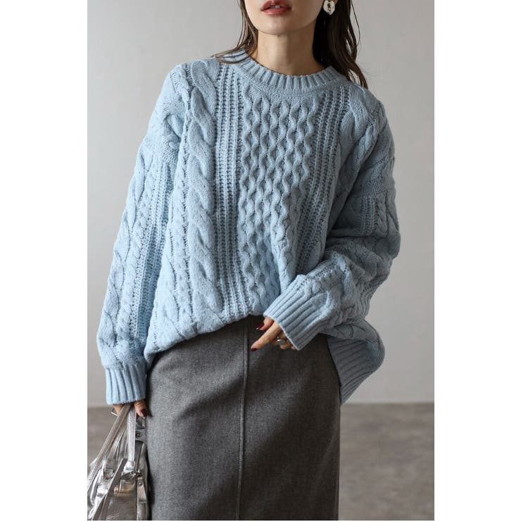 LIGHT-BLUE | クルーネックミックスケーブルニット 88-004060 | BONJOUR SAGAN