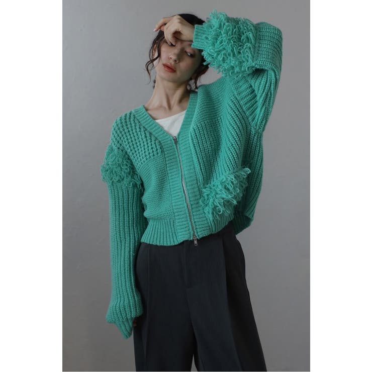 GREEN | ループフリンジVネックジップカーディガン 88-004087 | BONJOUR SAGAN