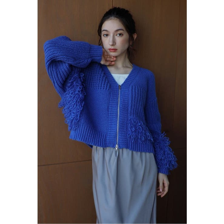 BLUE | ループフリンジVネックジップカーディガン 88-004087 | BONJOUR SAGAN
