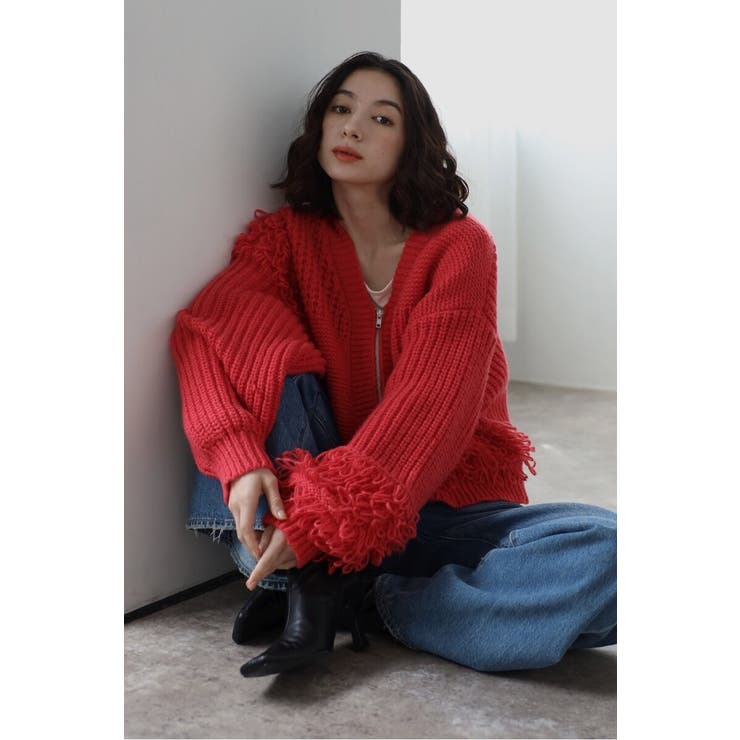 RED | ループフリンジVネックジップカーディガン 88-004087 | BONJOUR SAGAN