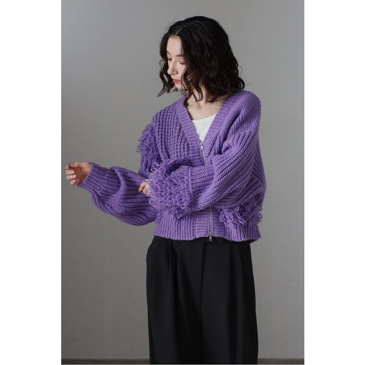 PURPLE | ループフリンジVネックジップカーディガン 88-004087 | BONJOUR SAGAN