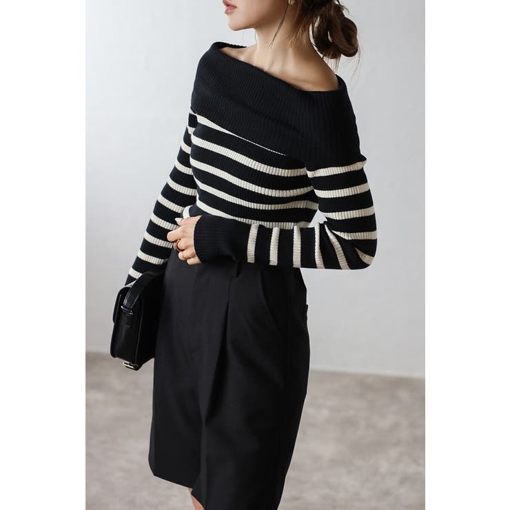 BLACK | オフショルボーダーニット 88-004117 | BONJOUR SAGAN