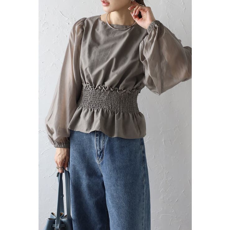 GRAY-BEIGE | シアースリーブシャーリングペプラムブラウス 88-004182 | BONJOUR SAGAN