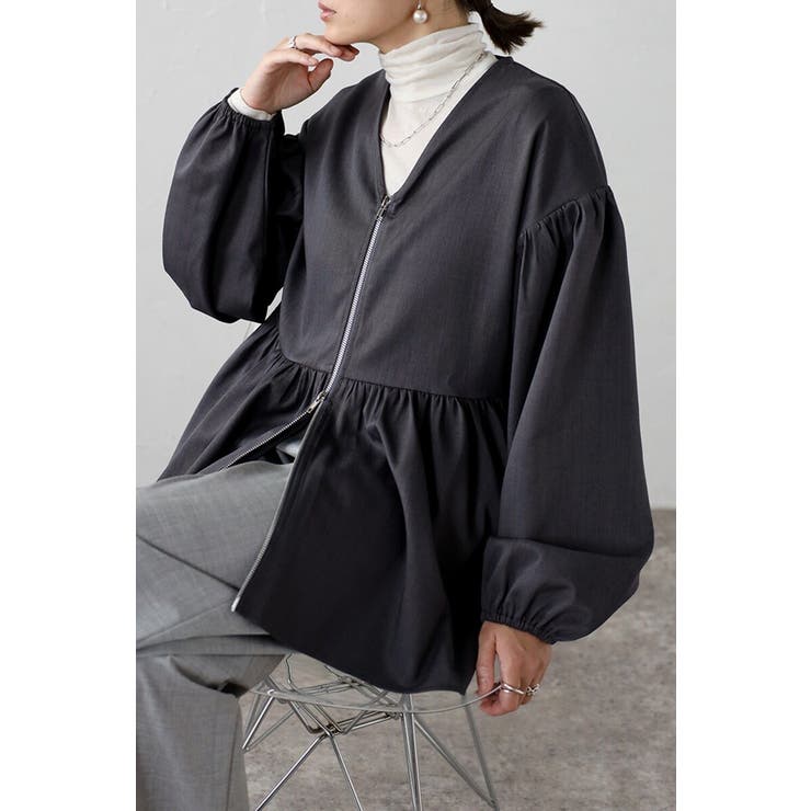 CHARCOAL-GRAY | フロントジップペプラムチュニック 88-004223 | BONJOUR SAGAN