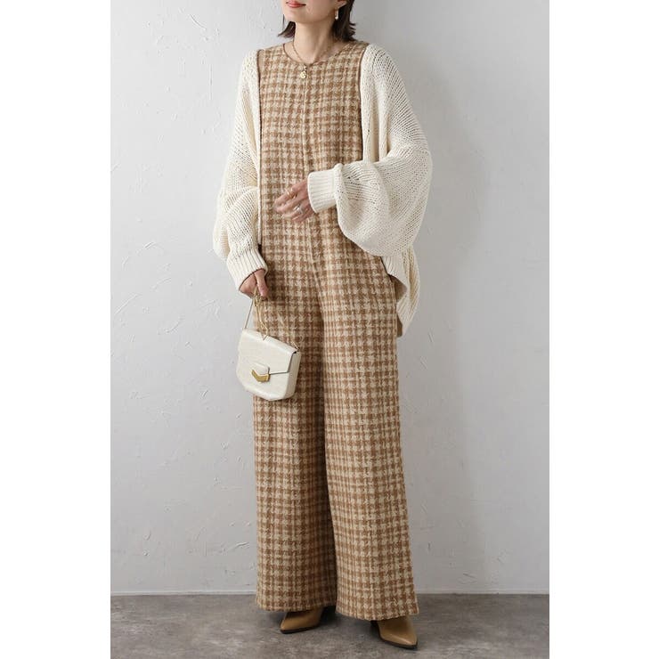 BEIGE | チェックツイードAラインオールインワン 88-004242 | BONJOUR SAGAN