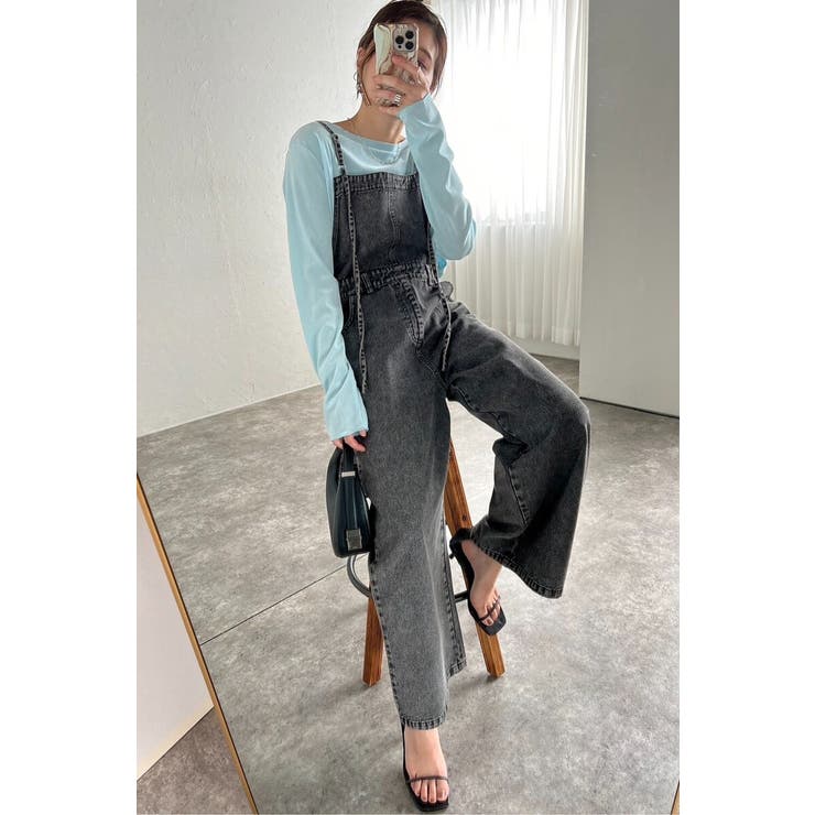 LIGHT-BLACK | ストラップデザインデニムサロペット 88-004243 | BONJOUR SAGAN