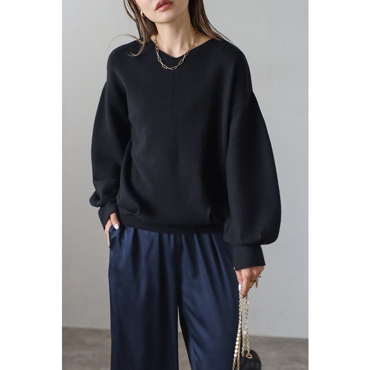 BLACK | 前後2WAYボリュームスリーブ裾タック静電気防止ニット 88-004265 | BONJOUR SAGAN