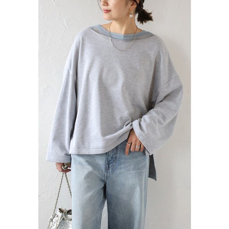 LIGHT-GRAY×LIGHT-BLUE | シアーレイヤード風スウェット 88-004284 | BONJOUR SAGAN