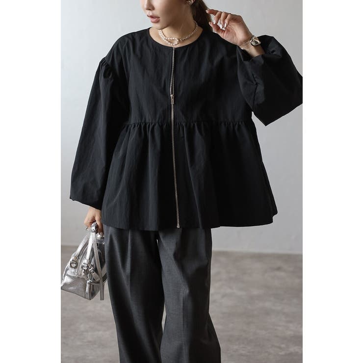 BLACK | ぺプラムジップナイロンブラウス 88-004315 | BONJOUR SAGAN