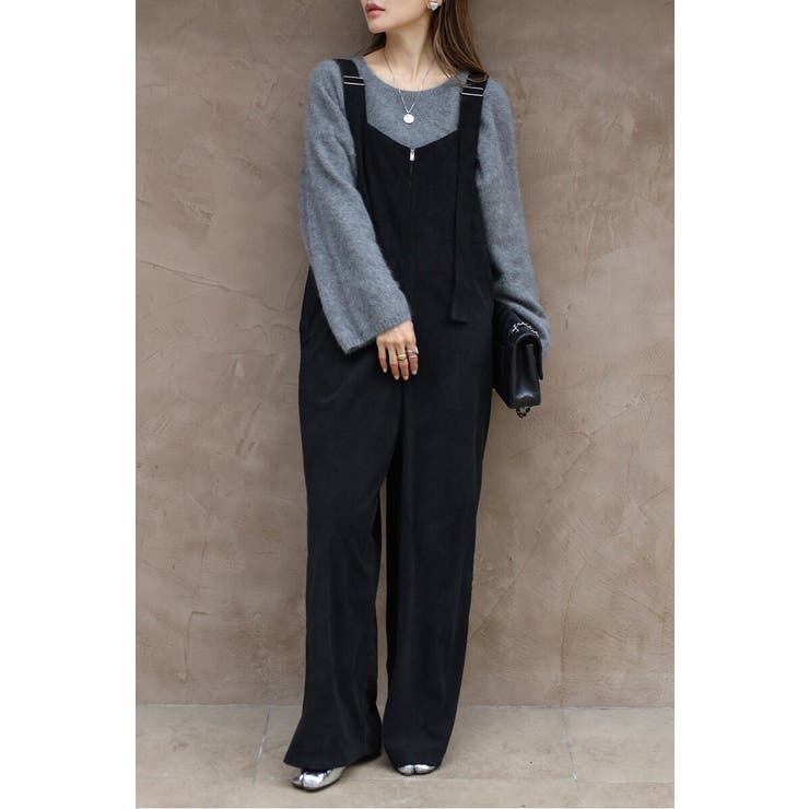 BLACK | フロントジップコーデュロイオールインワン 88-004353 | BONJOUR SAGAN