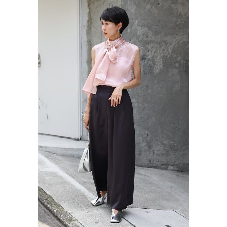 PINK×CHARCOAL-GRAY | 2WAYリボンオーガンジブラウス×サテンタックワイドパンツセットアップ 88 0… | BONJOUR SAGAN