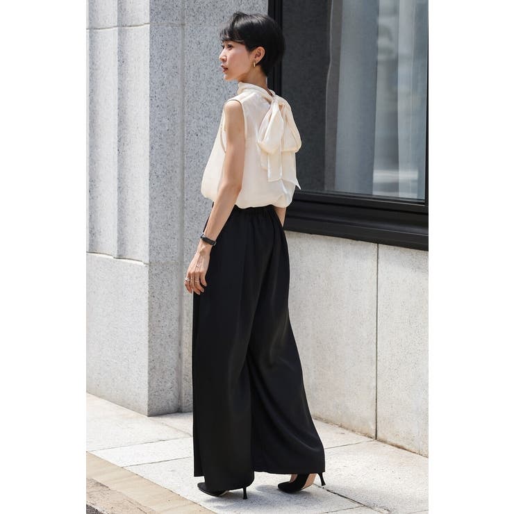 IVORY×BLACK | 2WAYリボンオーガンジブラウス×サテンタックワイドパンツセットアップ 88 0… | BONJOUR SAGAN