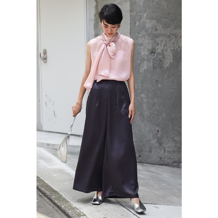 2WAYリボンオーガンジブラウス×サテンタックワイドパンツセットアップ 88 0… | BONJOUR SAGAN | 詳細画像1 