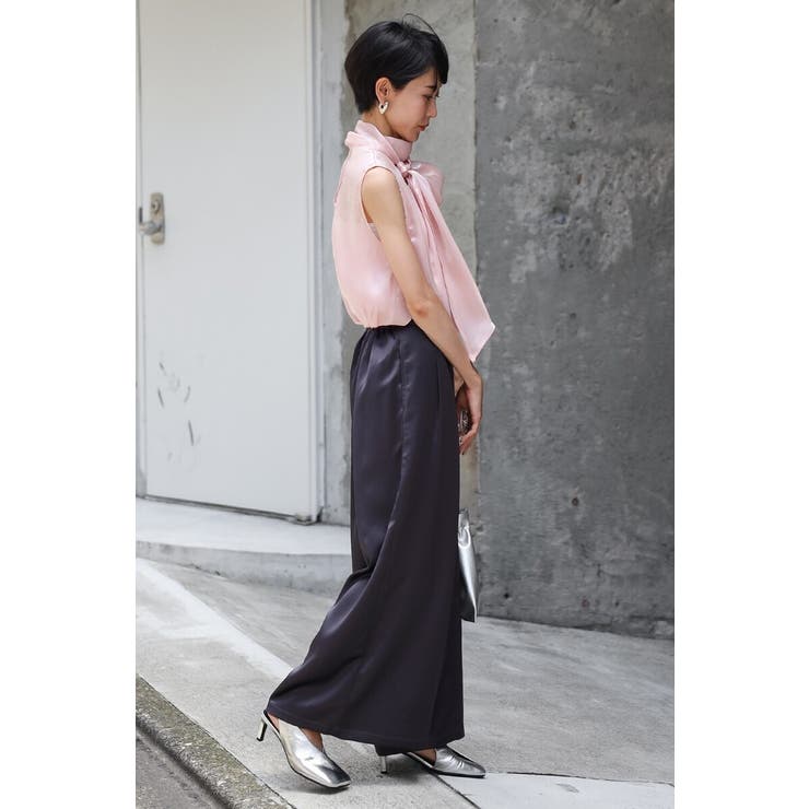 2WAYリボンオーガンジブラウス×サテンタックワイドパンツセットアップ 88 0… | BONJOUR SAGAN | 詳細画像2 