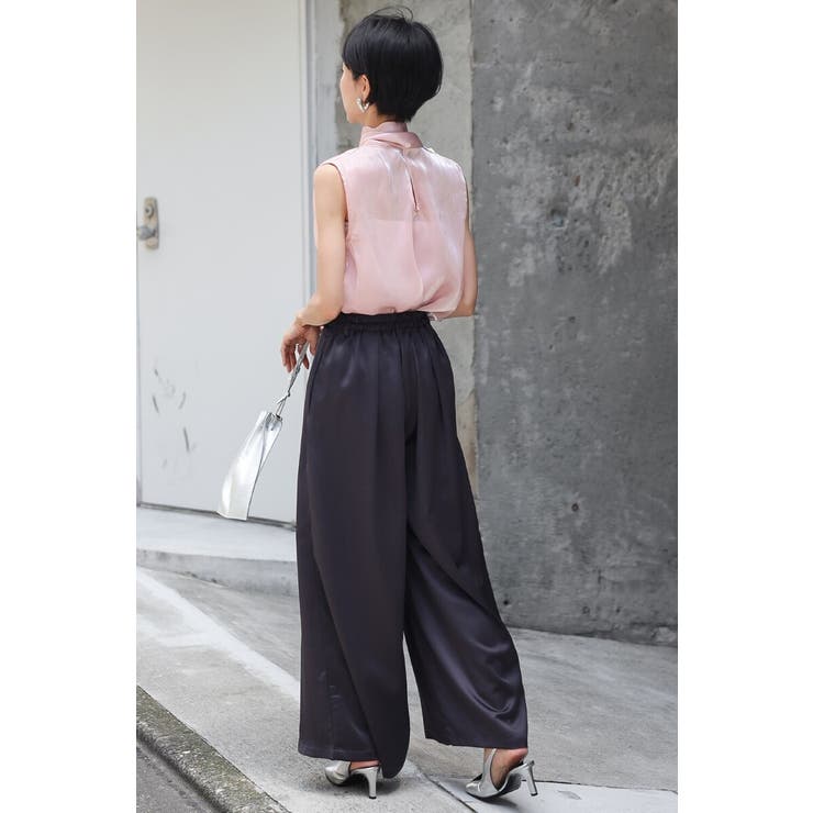 2WAYリボンオーガンジブラウス×サテンタックワイドパンツセットアップ 88 0… | BONJOUR SAGAN | 詳細画像3 