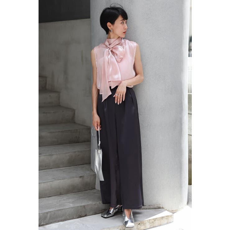 2WAYリボンオーガンジブラウス×サテンタックワイドパンツセットアップ 88 0… | BONJOUR SAGAN | 詳細画像4 