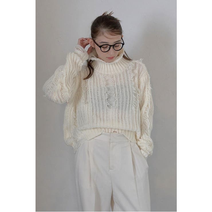 IVORY | damage fringe knit | BONJOUR SAGAN