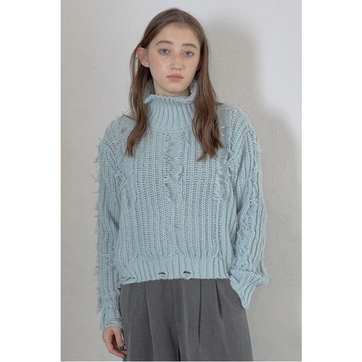 LIGHT-BLUE | damage fringe knit | BONJOUR SAGAN
