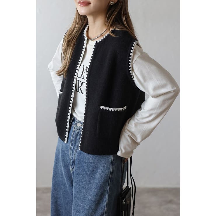 BLACK | ハマグリステッチニットベスト 88-004375 | BONJOUR SAGAN