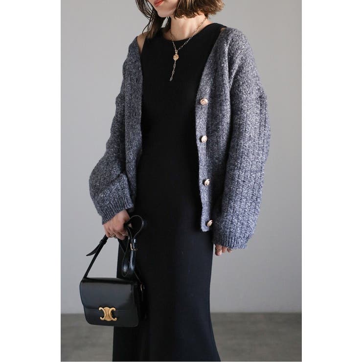 CHARCOAL-GRAY | ツイードニットVネックカーディガン 88-004424 | BONJOUR SAGAN