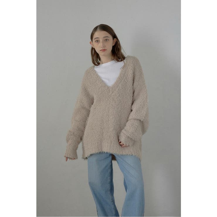 LIGHT-BEIGE | fluffy vneck knit | BONJOUR SAGAN