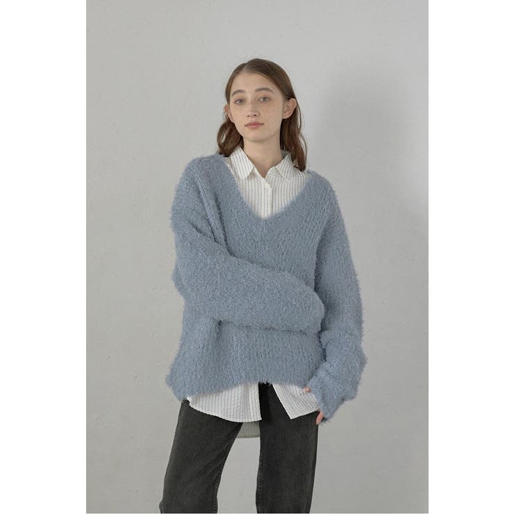 BLUE-GRAY | fluffy vneck knit | BONJOUR SAGAN