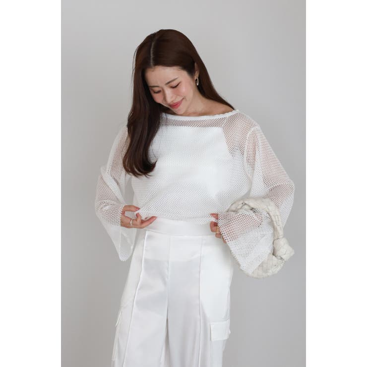 [3点SET]フレアスリーブメッシュトップス×カップ付きサテンキャミソール×裾ス… | BONJOUR SAGAN | 詳細画像3 