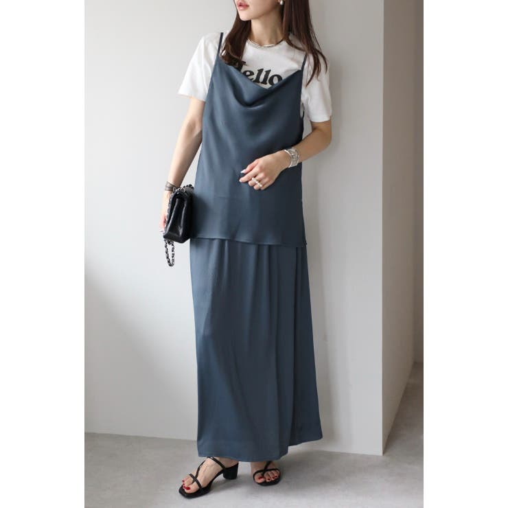 LIGHT-NAVY | ドレープサテンキャミソール×ロングスカートセットアップ 11-004787 | BONJOUR SAGAN