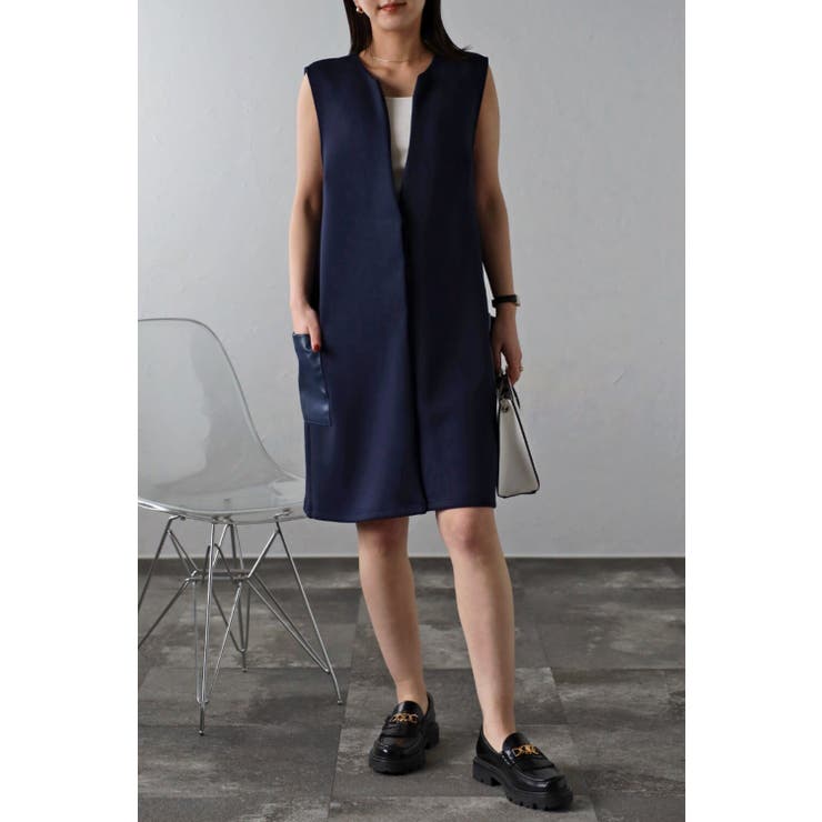 フェイクレザーポケットディープVネックショート丈ワンピース 77-002257 | BONJOUR SAGAN | 詳細画像2 