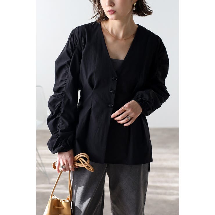 BLACK | カーブギャザースリーブブラウス 77-003441 | BONJOUR SAGAN