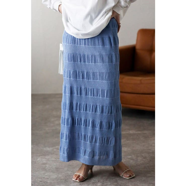 SAX-BLUE | リブメッシュ編みIラインスカート 77-003464 | BONJOUR SAGAN
