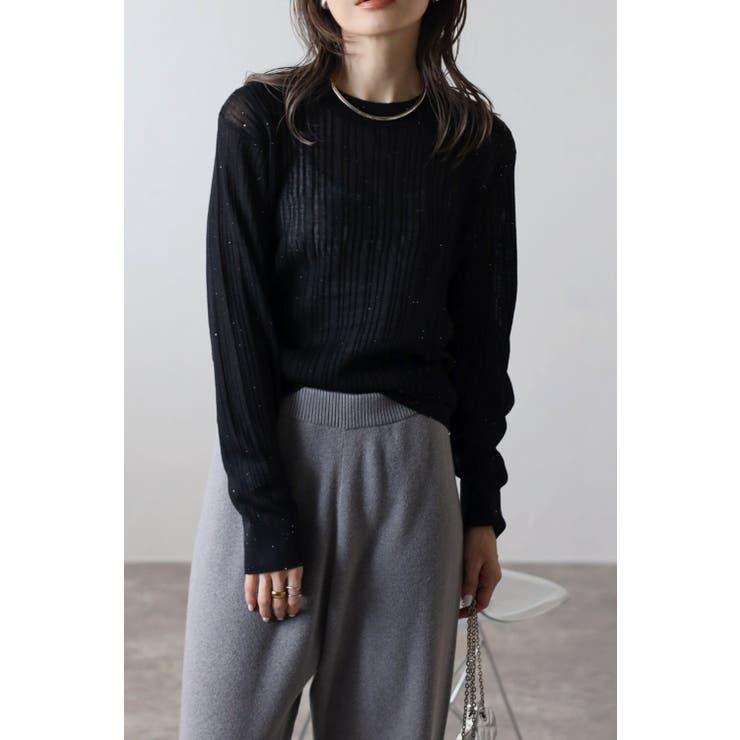 BLACK | ランダムリブクルーネックニットプルオーバー 77-003486 | BONJOUR SAGAN