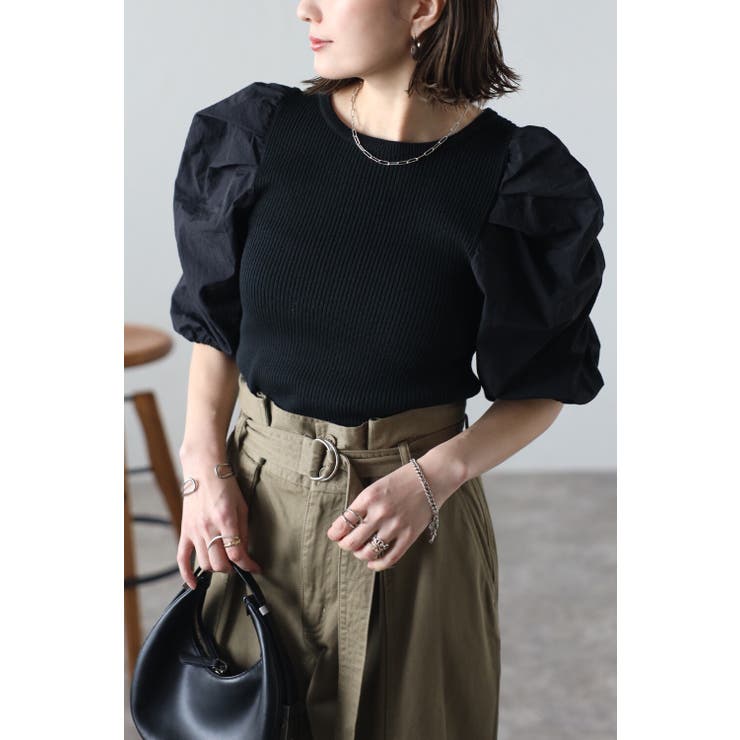 BLACK | ボリュームスリーブニットコンビトップス 77-003723 | BONJOUR SAGAN