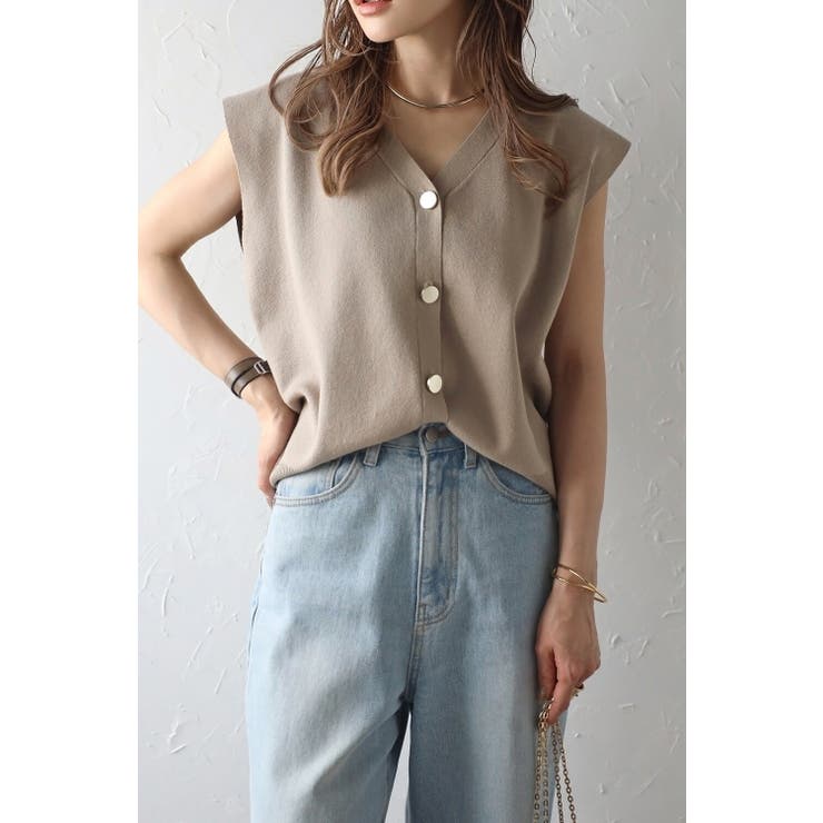 LIGHT-COCOA | ゴールド釦ボクシーニットベスト 77-003817 | BONJOUR SAGAN