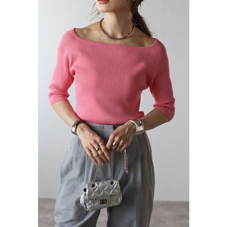 PINK | スクエアネック五分袖リブニット 77-003818 | BONJOUR SAGAN
