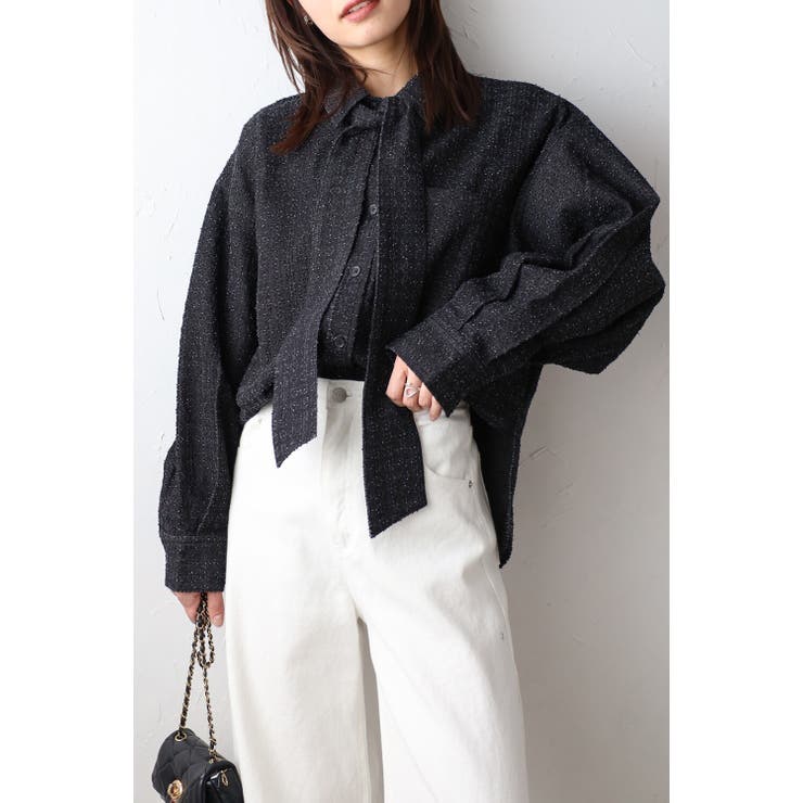 INDIGO-BLACK | クラッシュデニムボリュームスリーブ2WAYボウタイシャツ 77-004665 | BONJOUR SAGAN