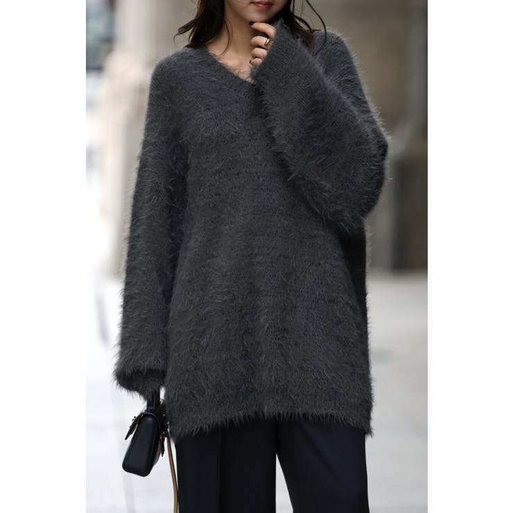 CHARCOAL-GRAY | シャギーVネックニット 88-002620 | BONJOUR SAGAN