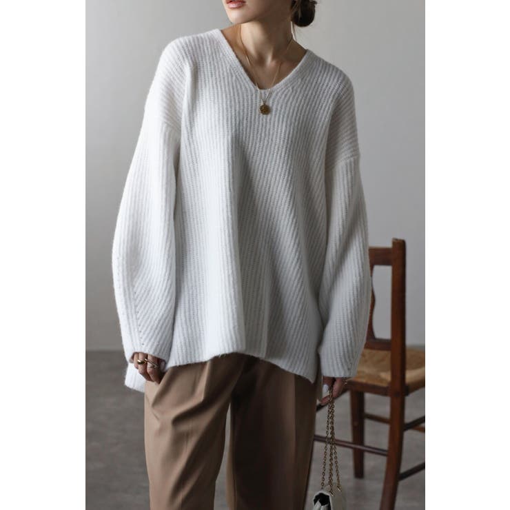 WHITE | 片畦編みヤーンVネックニット 88-003412 | BONJOUR SAGAN