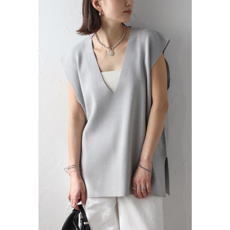 LIGHT-GRAY | サマーニットVネックボクシーベスト 77-003720 | BONJOUR SAGAN