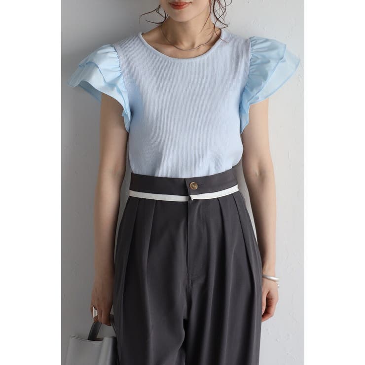 LIGHT-BLUE | ショルダーフリルサマーニットドッキングプルオーバー 77-003782 | BONJOUR SAGAN