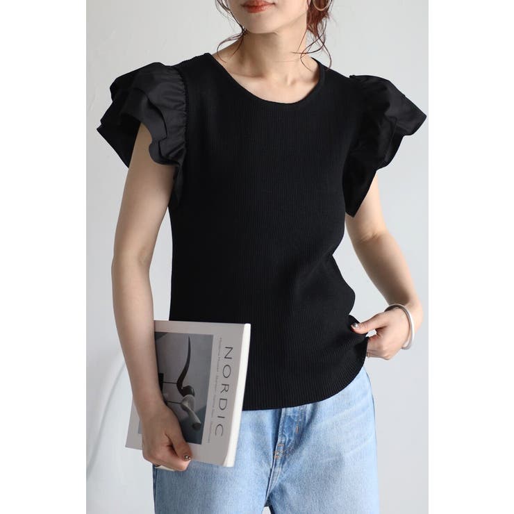 BLACK | ショルダーフリルサマーニットドッキングプルオーバー 77-003782 | BONJOUR SAGAN