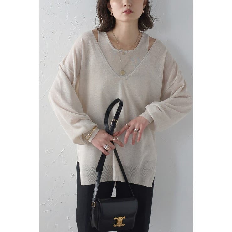 LIGHT-BEIGE | シアーニットアメスリタンク×Vネックプルオーバーセット 77-003793 | BONJOUR SAGAN