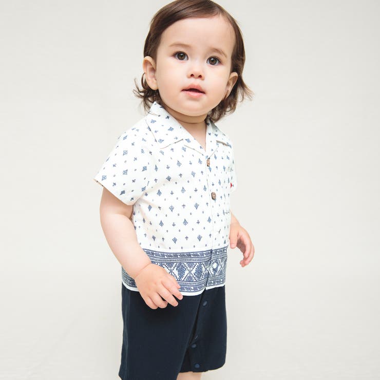 アイボリー | プロヴァンスプリントシャツレイヤード半袖カバーオール 子供服 キッズ | ブランシェス