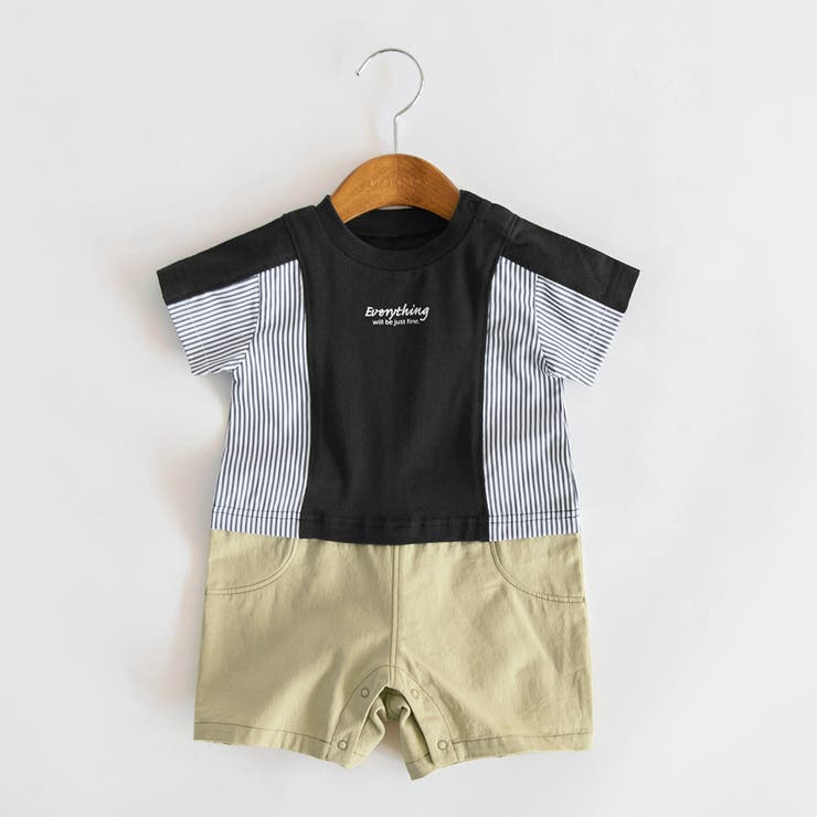 ブラック | 【キッズとリンクコーデ】異素材切り替え半袖カバーオール | ブランシェス