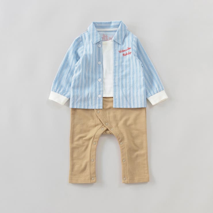 サックス | 【おそろい】ストライプ柄ロゴ刺しゅう長袖カバーオール | ブランシェス