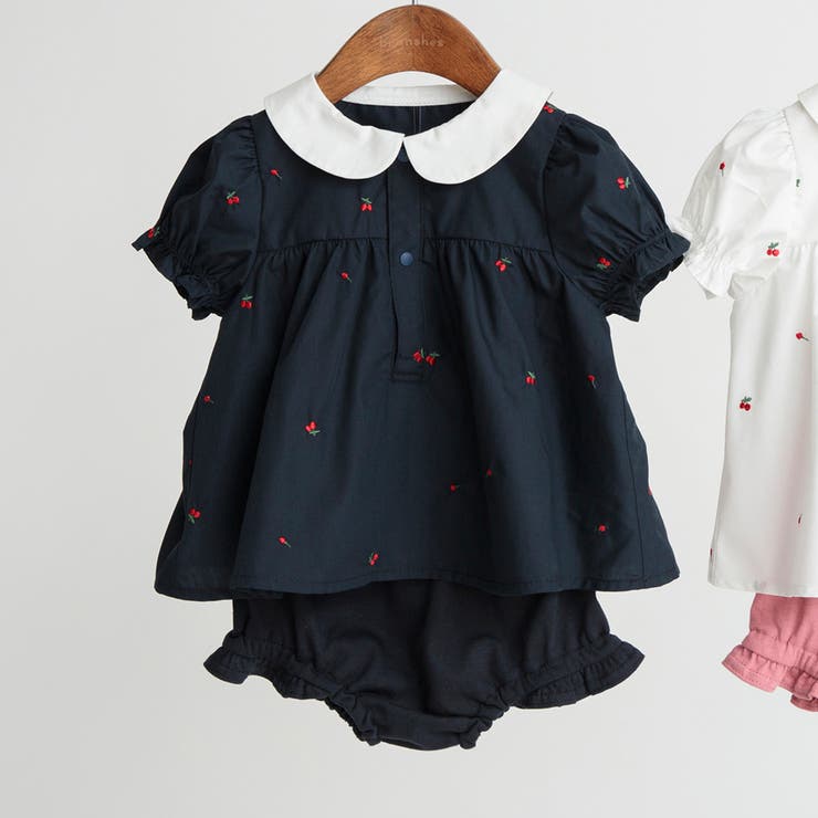 ネイビーブルー | 【ベビー/おそろい】チェリー刺しゅう半袖ブラウス+ブルマセット | ブランシェス