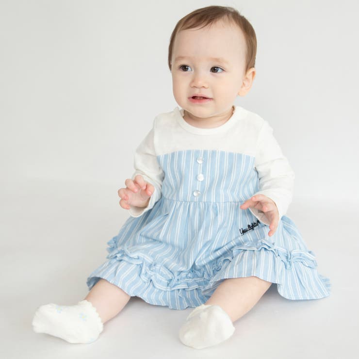 サックス | 【おそろい】ストライプ柄ロゴ刺しゅうカバーオール | ブランシェス