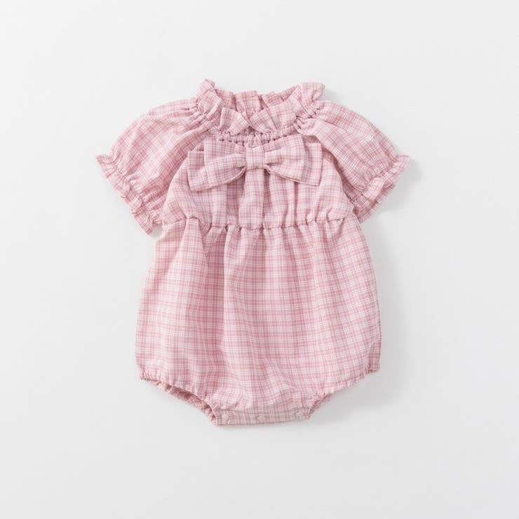 ピンク | リボン付きチェック柄カバーオール | ブランシェス