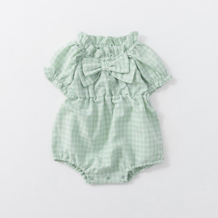 ライトグリーン | リボン付きチェック柄カバーオール | ブランシェス